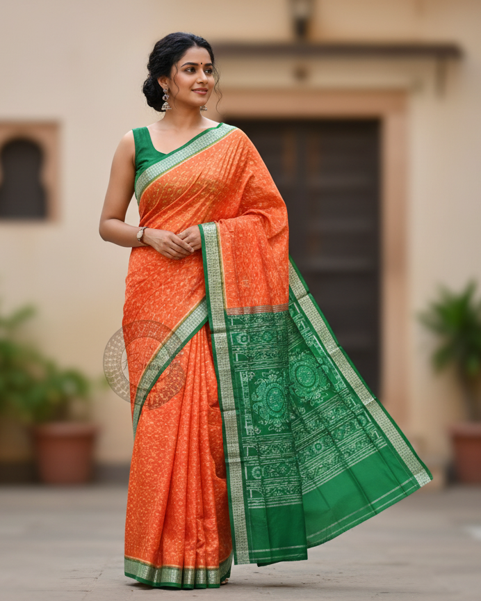 Orange Green Tribal Ek Chandia Odisha Handloom Sambalpuri Silk Saree
