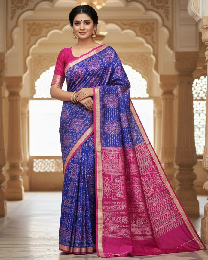 Blue Magenta Jhoti Design Sambalpuri Silk Saree