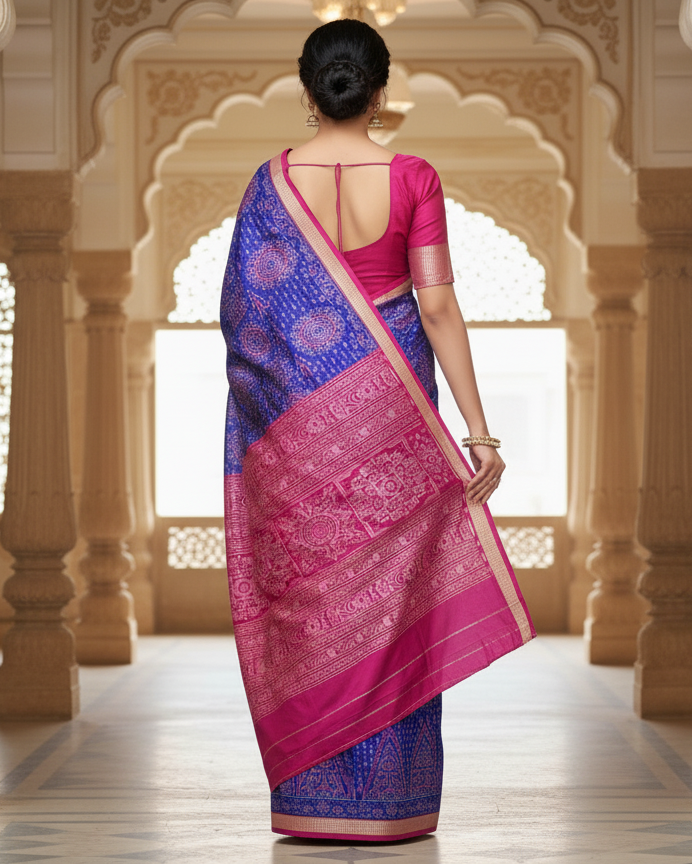 Blue Magenta Jhoti Design Sambalpuri Silk Saree
