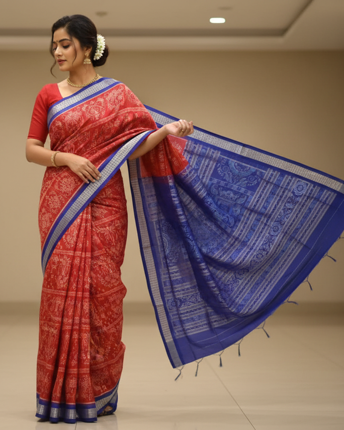 Red Blue Tribal And Tree Design Sambalpuri Silk Saree