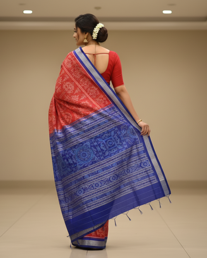 Red Blue Tribal And Tree Design Sambalpuri Silk Saree