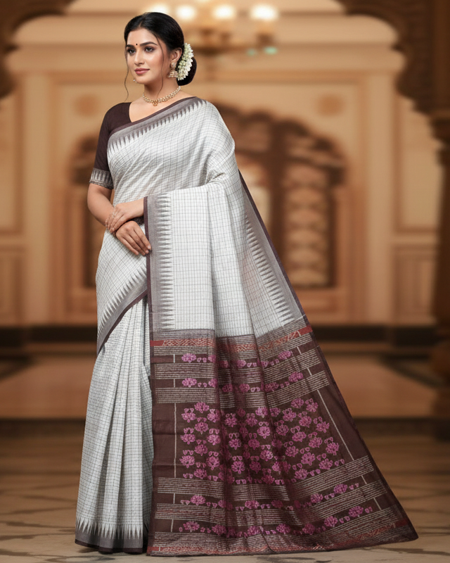 White Coffee Sachipar Design Sambalpuri Silk Saree