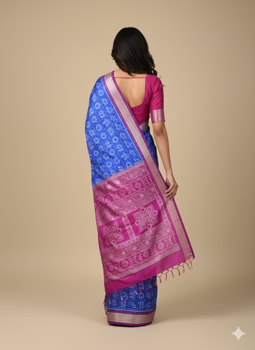 Blue Purple Animal Bandha Sambalpuri Silk Saree