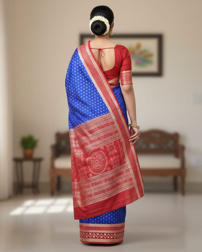 Blue Red Kadhi Design Sambalpuri Silk Saree