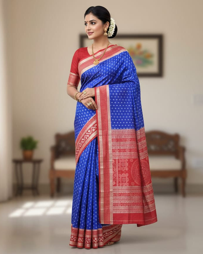Blue Red Kadhi Design Sambalpuri Silk Saree