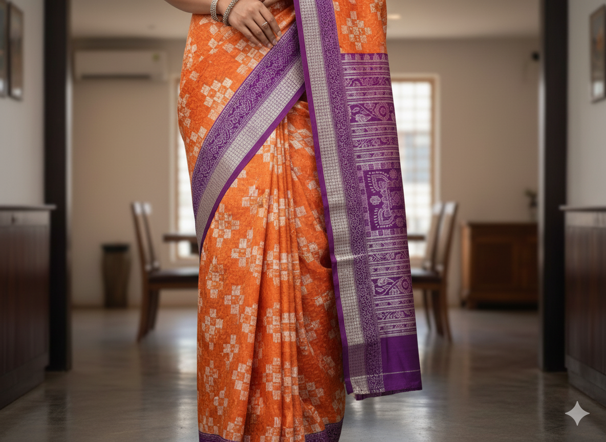 Orange Purple Pasapali Design Sambalpuri Silk Saree