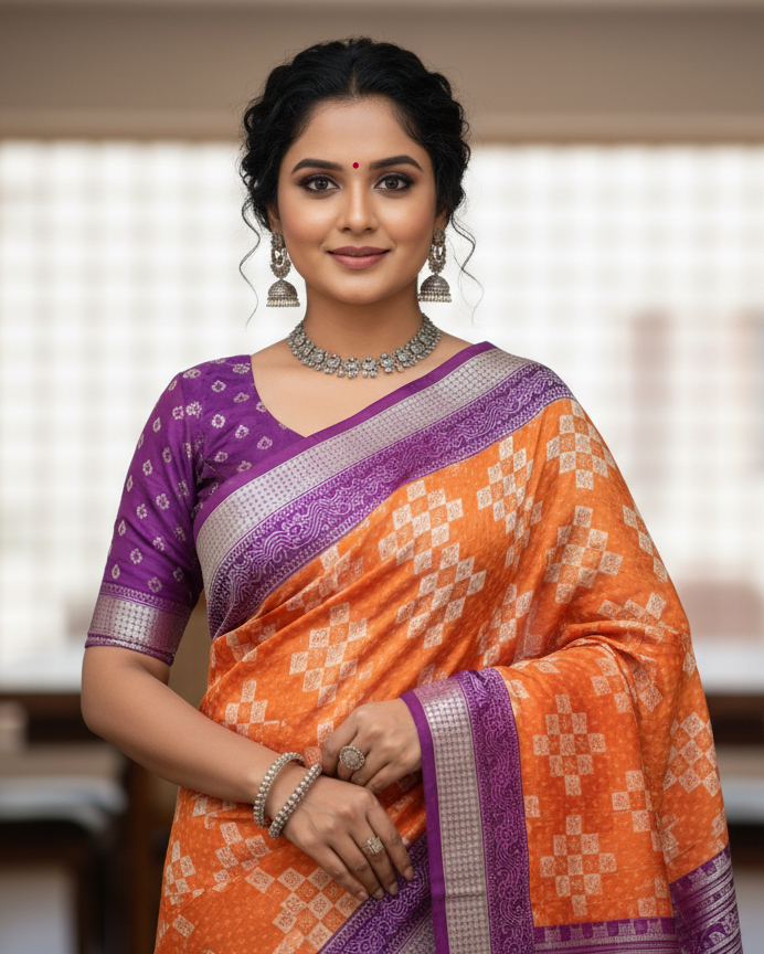 Orange Purple Pasapali Design Sambalpuri Silk Saree