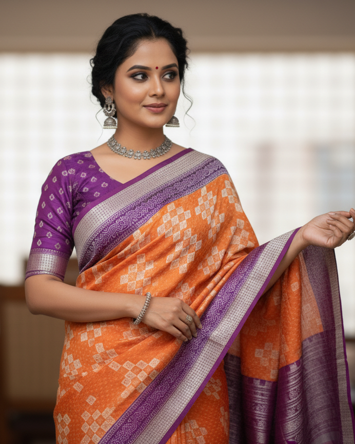 Orange Purple Pasapali Design Sambalpuri Silk Saree