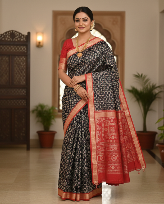 Black Red Tribal And Pasapali Design Sambalpuri Silk Saree