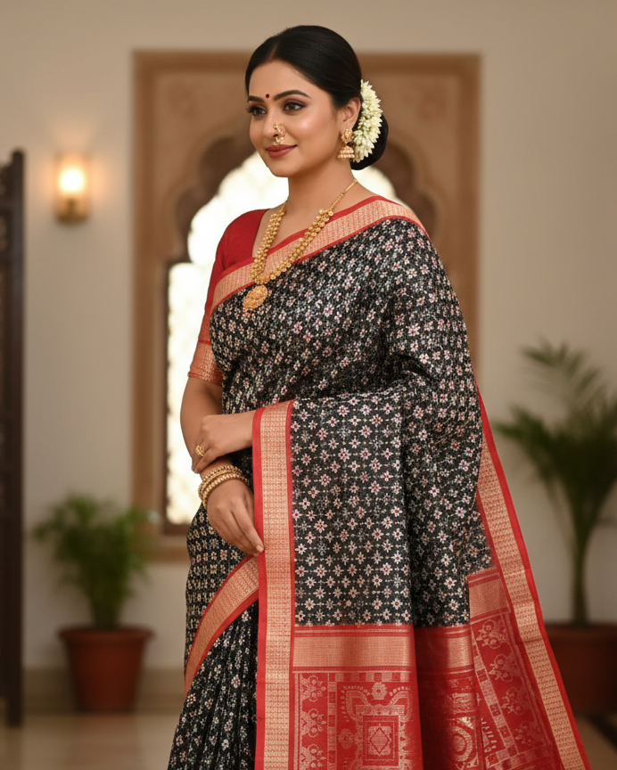 Black Red Tribal And Pasapali Design Sambalpuri Silk Saree