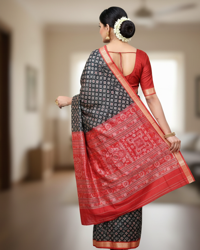 Black Red Tribal And Pasapali Design Sambalpuri Silk Saree