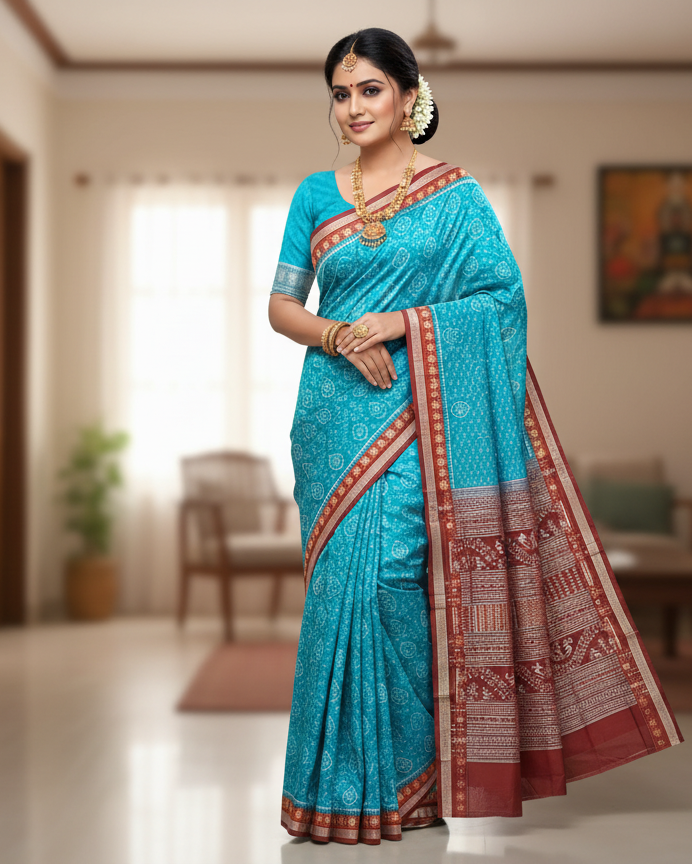 Copper Sulphate Maroon Pasapali Border Tribal Ek Chandia Odisha Handloom Sambalpuri Silk Saree