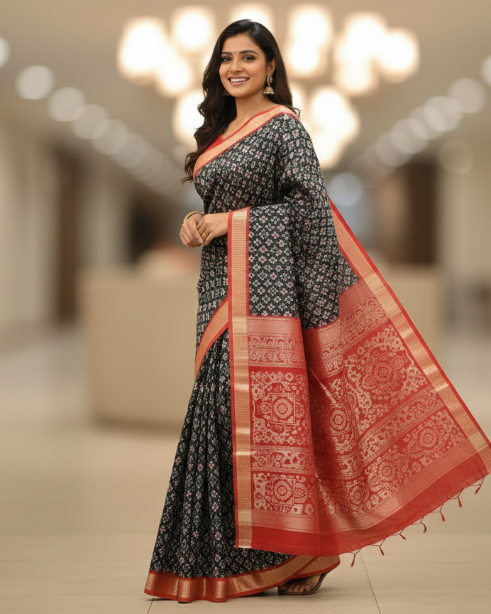 Black Red Tribal And Pasapali Design Sambalpuri Silk Saree