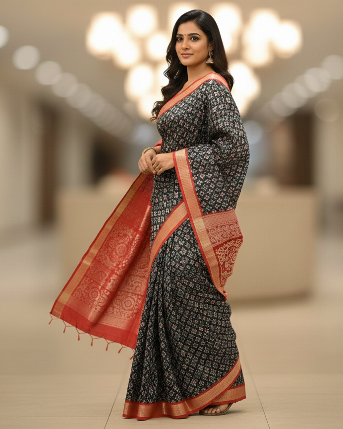 Black Red Tribal And Pasapali Design Sambalpuri Silk Saree