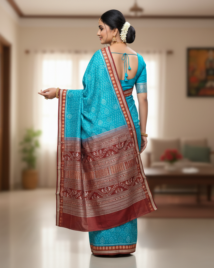 Copper Sulphate Maroon Pasapali Border Tribal Ek Chandia Odisha Handloom Sambalpuri Silk Saree