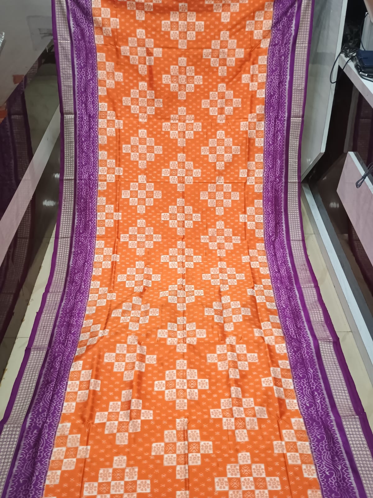 Orange Purple Pasapali Design Sambalpuri Silk Saree