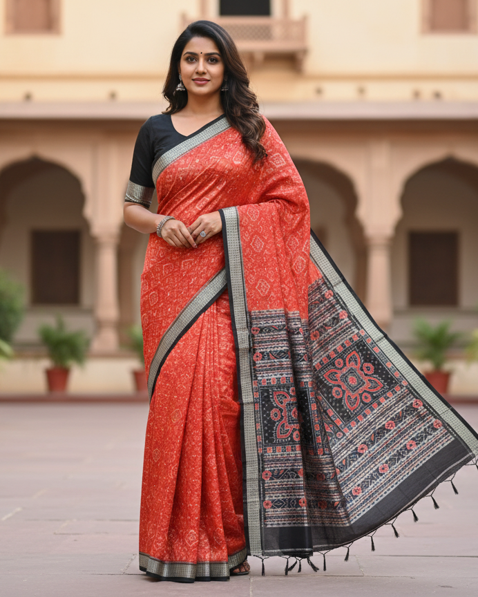 Orange Black Tribal Ek Chandia Odisha Handloom Sambalpuri Silk Saree
