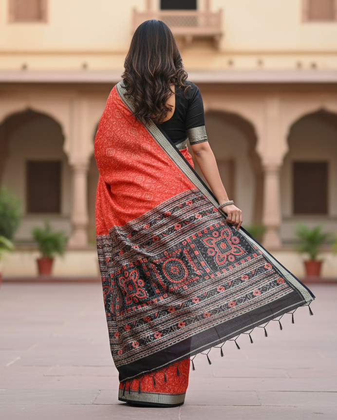 Orange Black Tribal Ek Chandia Odisha Handloom Sambalpuri Silk Saree