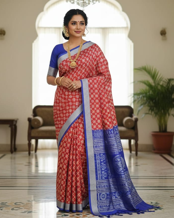 Red Blue Pasapali Design Sambalpuri Silk Saree