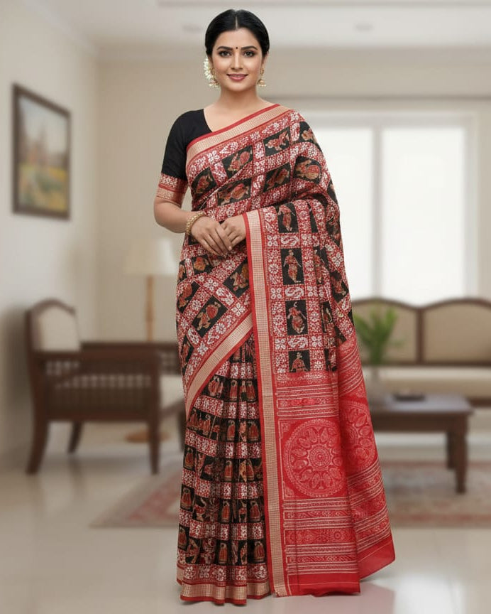 Black Red Dancer Design Sambalpuri Silk Saree