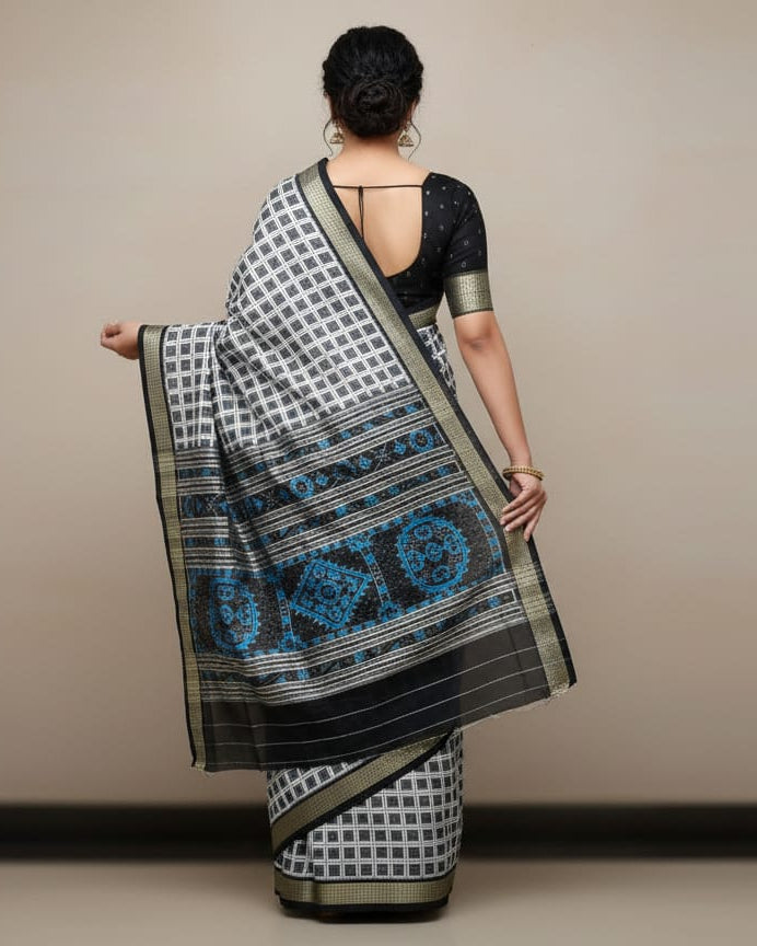 White Black Aswini Design Sambalpuri Silk Saree