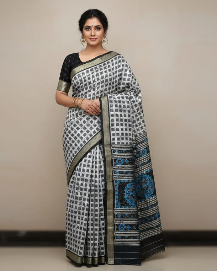White Black Aswini Design Sambalpuri Silk Saree