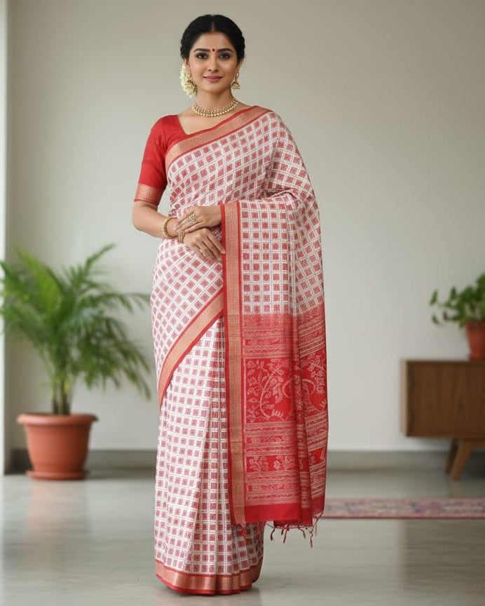 White Red Aswini Design Sambalpuri Silk Saree