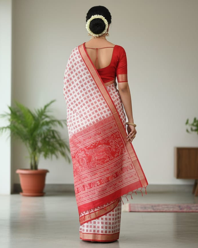White Red Aswini Design Sambalpuri Silk Saree