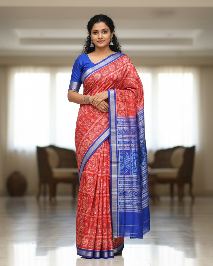 Red Blue Tribal Marriage Design Odisha Handloom Sambalpuri Silk Saree