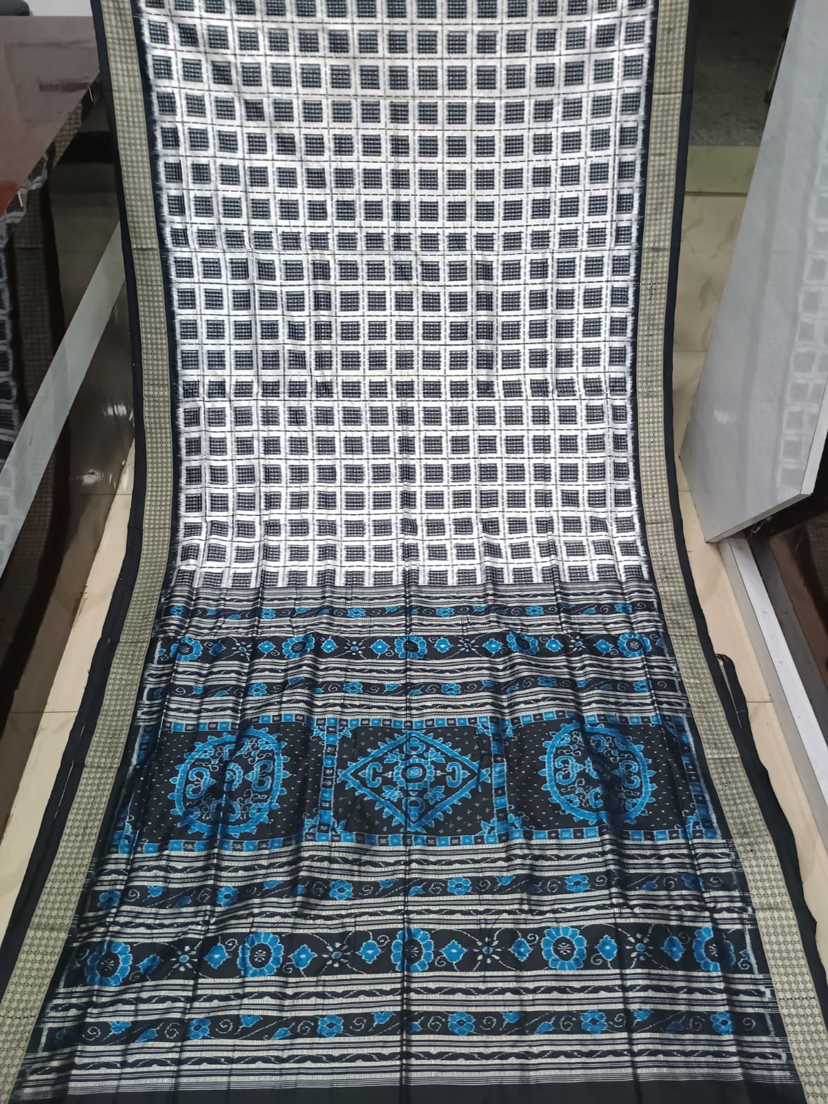 White Black Aswini Design Sambalpuri Silk Saree