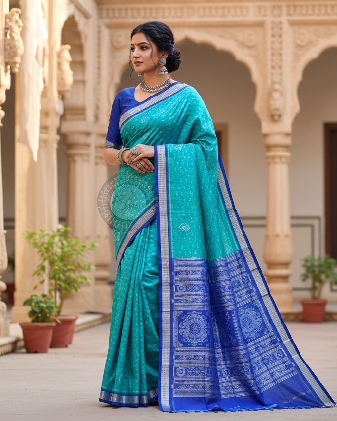 Sea Green Blue Ek Chandia Tribal Odisha Handloom Sambalpuri Silk Saree
