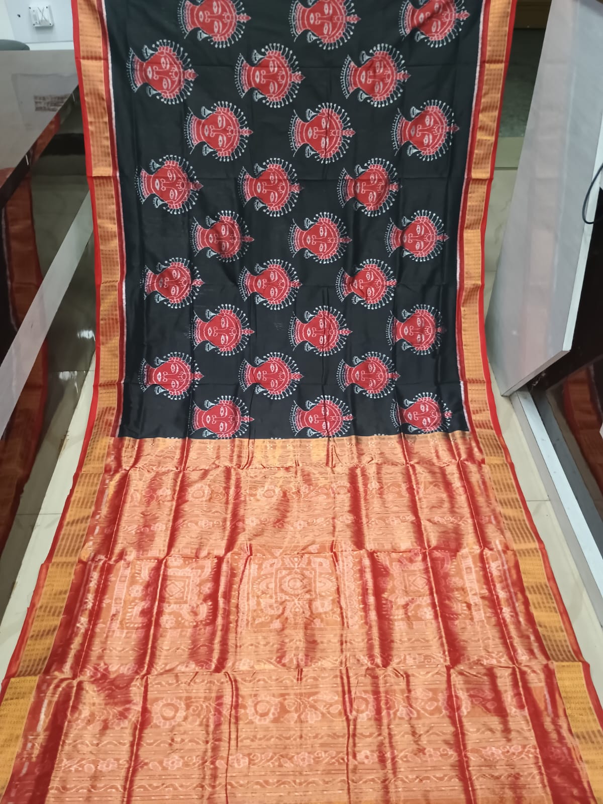 Black Red Odishi Face Half Tissue Sambalpuri Silk Saree