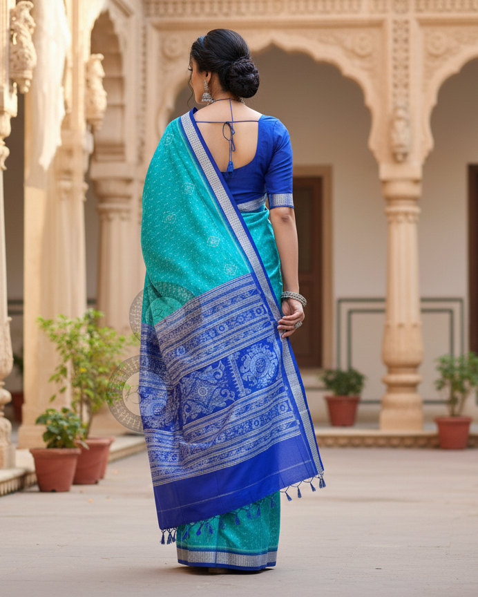Sea Green Blue Ek Chandia Tribal Odisha Handloom Sambalpuri Silk Saree