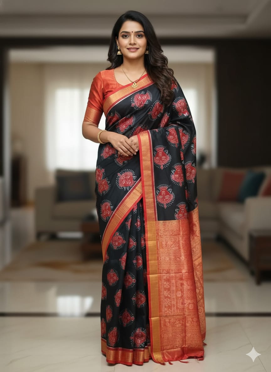 Black Red Odishi Face Half Tissue Sambalpuri Silk Saree