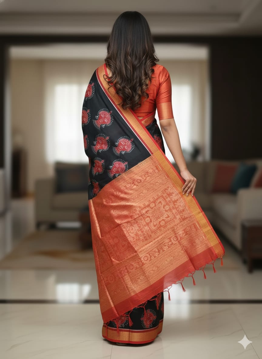 Black Red Odishi Face Half Tissue Sambalpuri Silk Saree