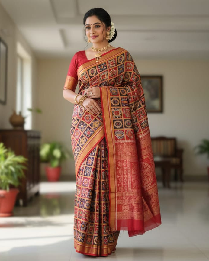 Bronze Red Nabakothi Half Tissue Sambalpuri Silk Saree