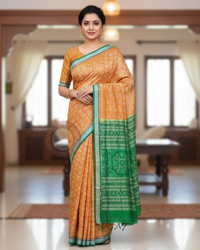 Dual Shade Yellow Green Tree Odisha Handloom Sambalpuri Silk Saree