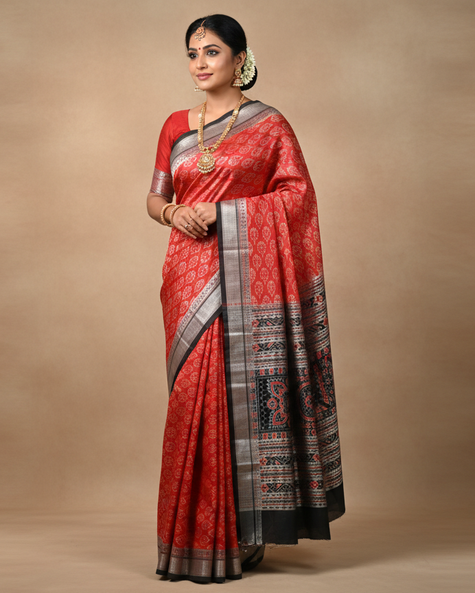 Red Black Ikat Tribal Odisha Handloom Sambalpuri Silk Saree