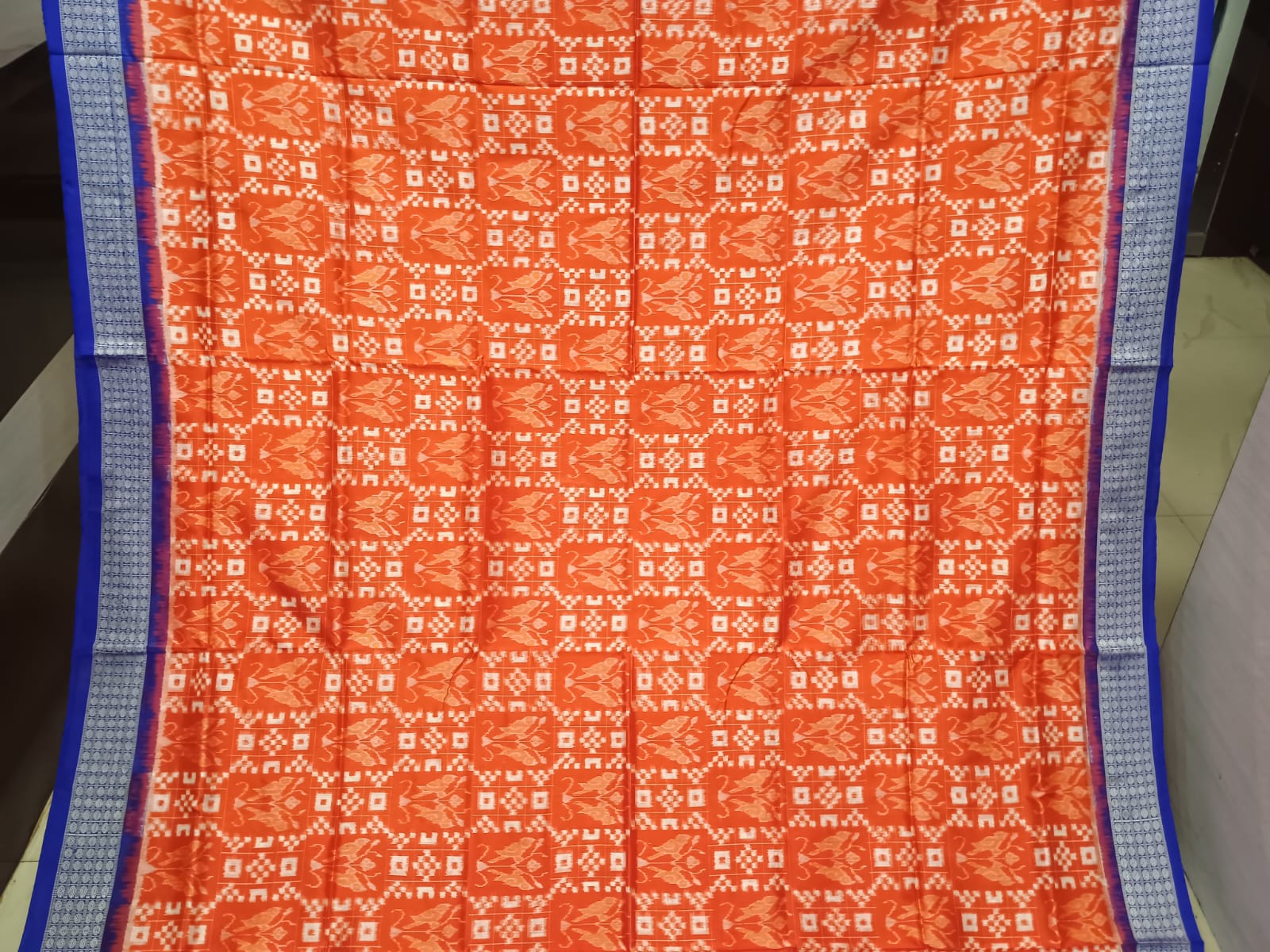 Orange Blue Pasapali And Birds Design Sambalpuri Silk Saree