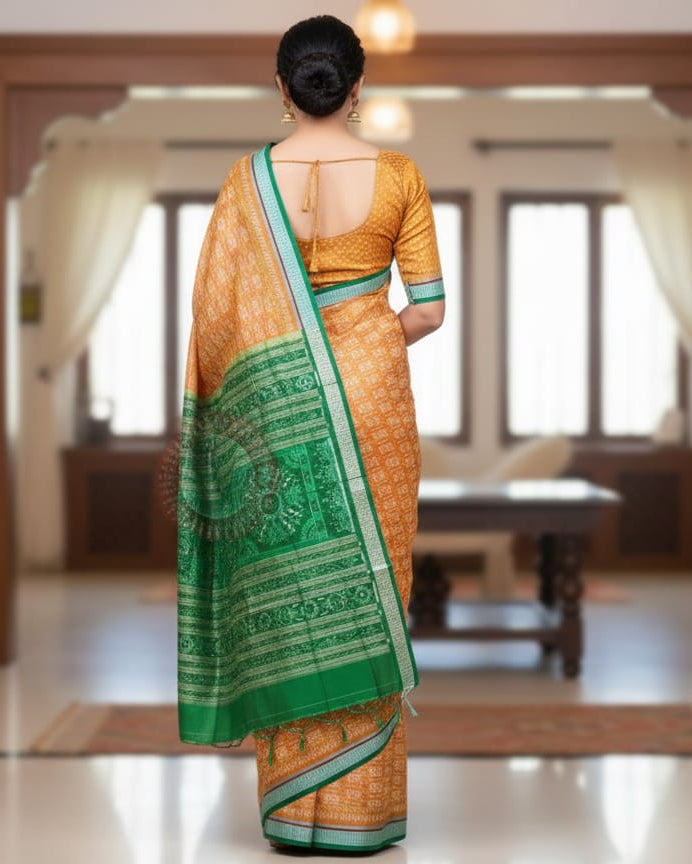 Dual Shade Yellow Green Tree Odisha Handloom Sambalpuri Silk Saree