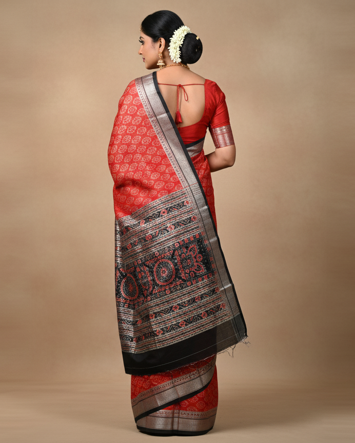 Red Black Ikat Tribal Odisha Handloom Sambalpuri Silk Saree