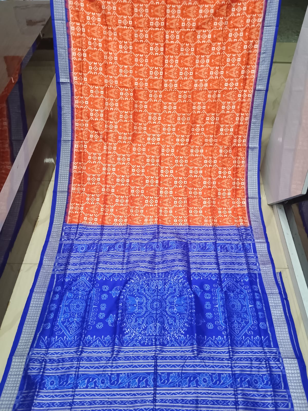 Orange Blue Pasapali And Birds Design Sambalpuri Silk Saree