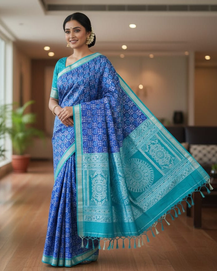 Blue Copper Sulphate Pasapali And Birds Design Sambalpuri Silk Saree