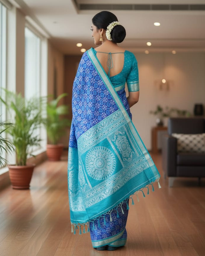 Blue Copper Sulphate Pasapali And Birds Design Sambalpuri Silk Saree