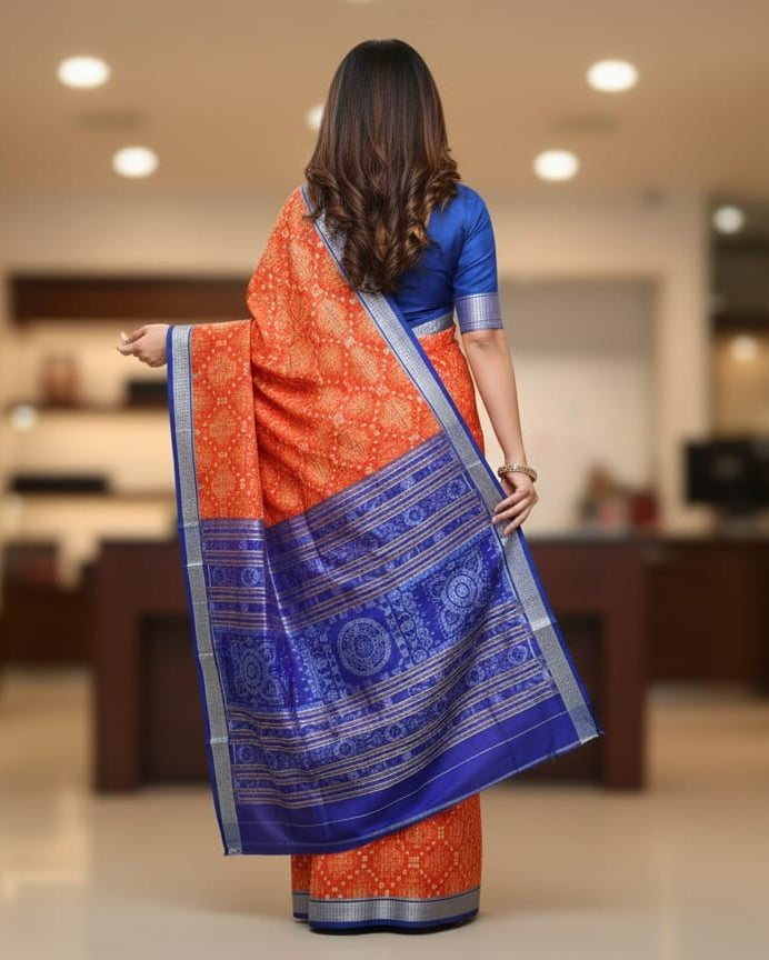 Orange Blue Pasapali And Birds Design Sambalpuri Silk Saree