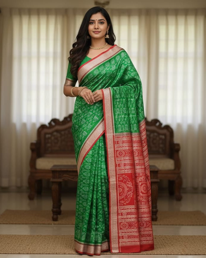 Green Red Tree Odisha Handloom Sambalpuri Silk Saree