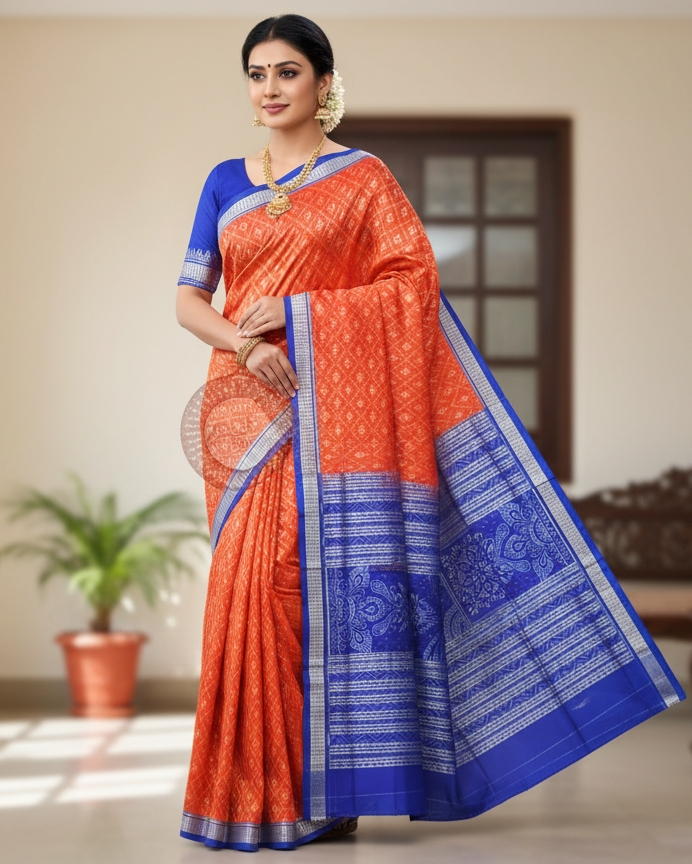 Orange Blue Tribal Odisha Handloom Sambalpuri Silk Saree