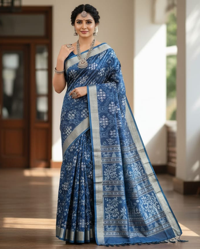 Indigo Blue Pasapali And Tribal Design Sambalpuri Silk Saree