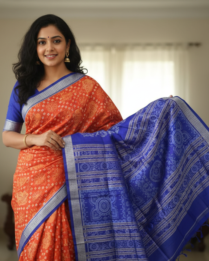 Orange Blue Pasapali And Animal Design Sambalpuri Silk Saree