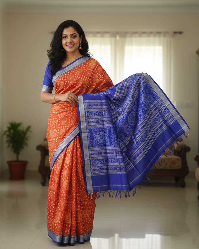Orange Blue Pasapali And Animal Design Sambalpuri Silk Saree